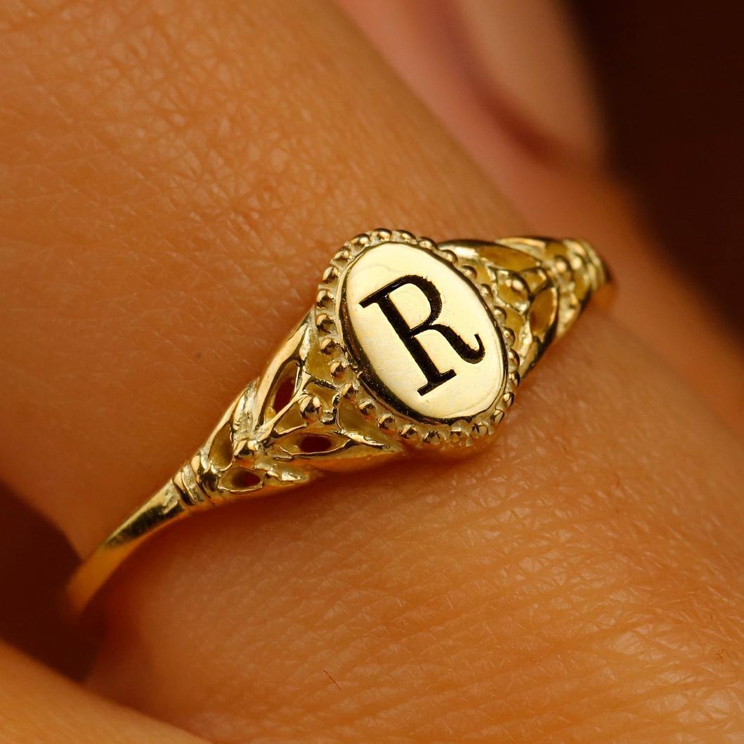 Oval Dainty Initial Ring in Sterling Silver