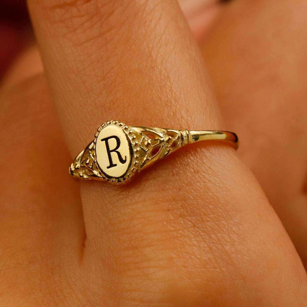 Oval Dainty Initial Ring in Sterling Silver