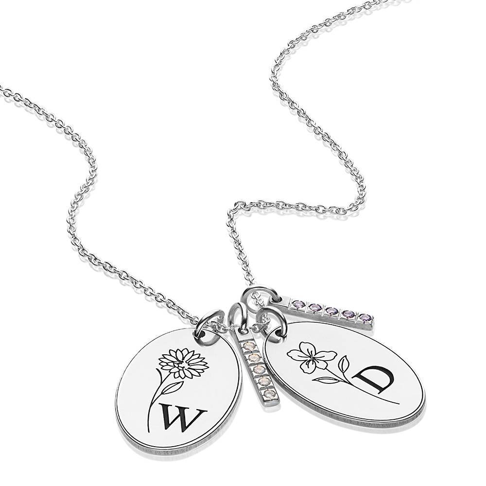 Prairie Birth Flower and Birthstones Initial Necklace in Sterling Silver