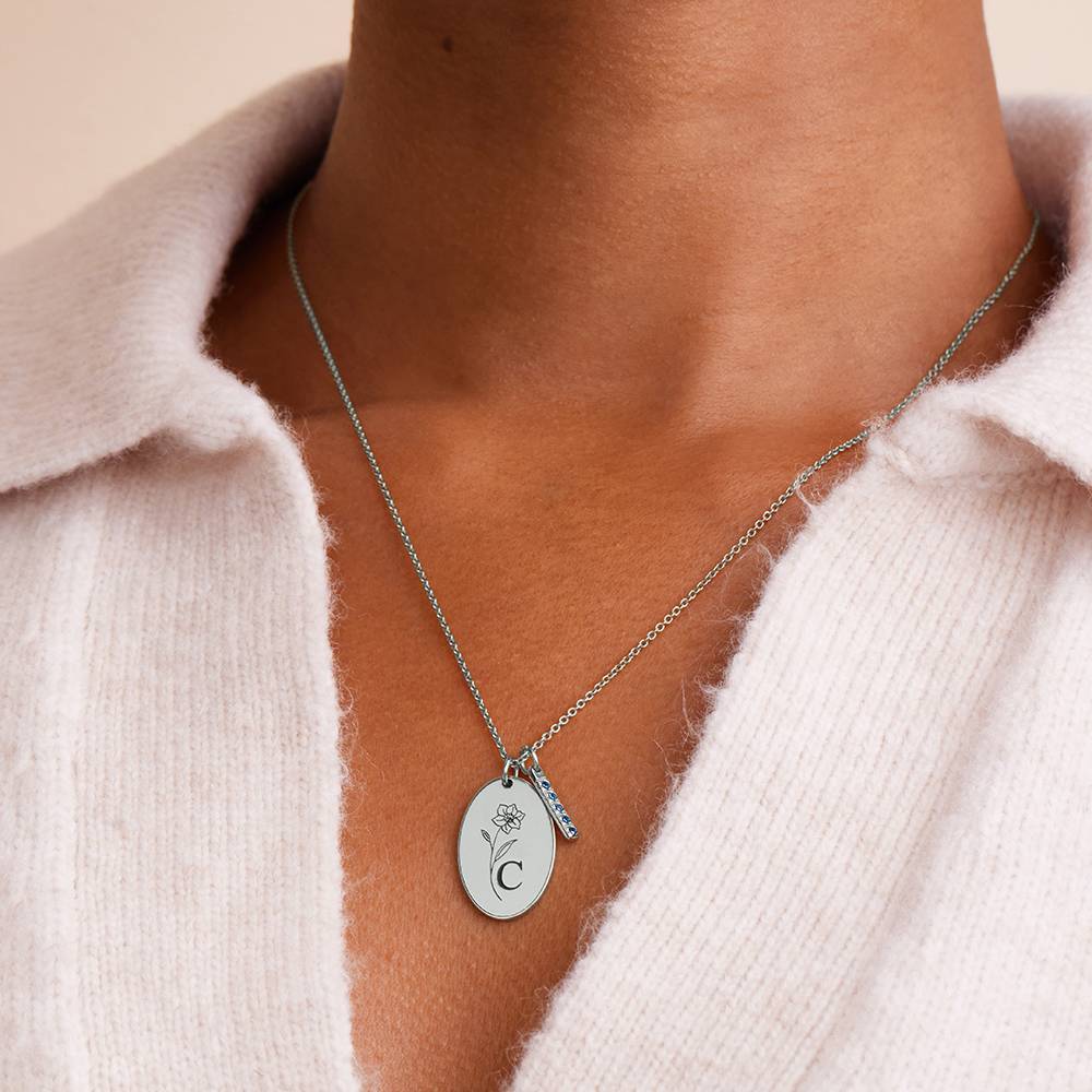 Prairie Birth Flower and Birthstones Initial Necklace in Sterling Silver