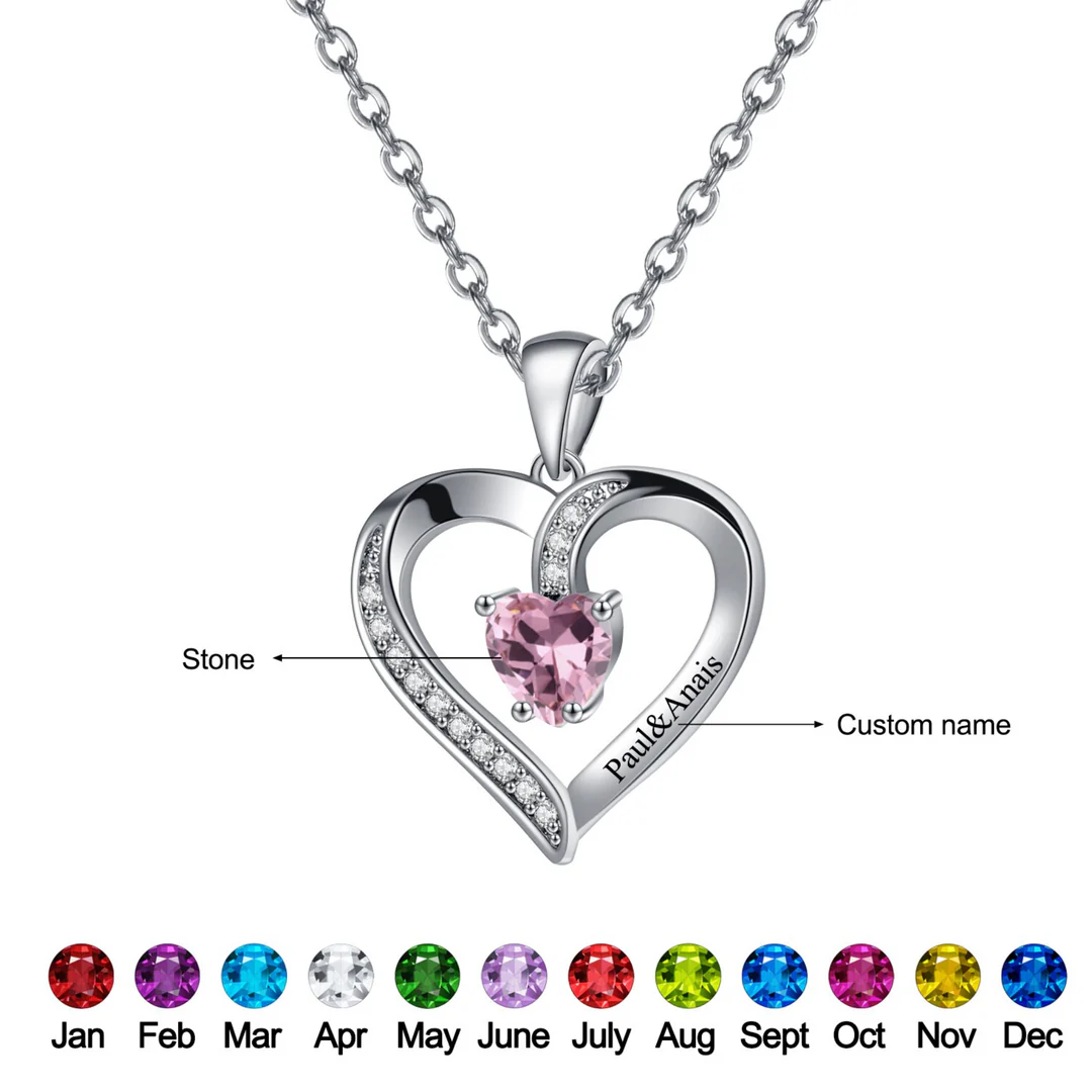 Personalized Name Birthstone Heart Shape Necklace In Sterling Silver
