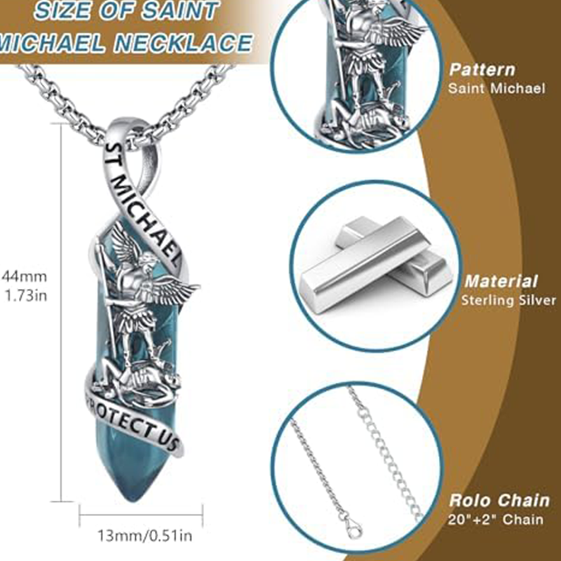 Sterling Silver St Michael Necklace Archangel Michael Pendant Healing Crystal Point Saint Michael Necklace-YAFEINI Personalized Jewelry