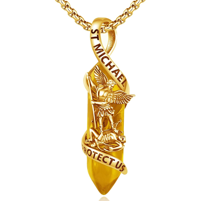 Sterling Silver St Michael Necklace Archangel Michael Pendant Healing Crystal Point Saint Michael Necklace-YAFEINI Personalized Jewelry