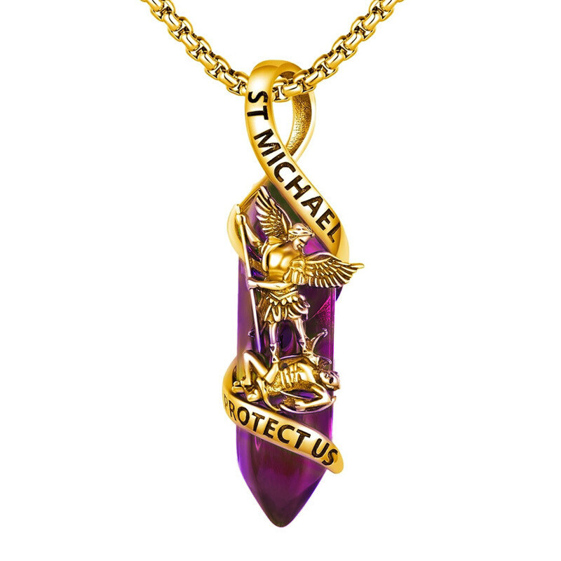 Sterling Silver St Michael Necklace Archangel Michael Pendant Healing Crystal Point Saint Michael Necklace-YAFEINI Personalized Jewelry