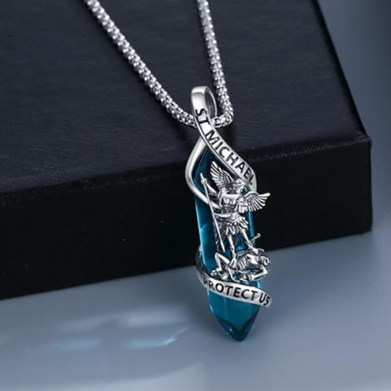 Sterling Silver St Michael Necklace Archangel Michael Pendant Healing Crystal Point Saint Michael Necklace-YAFEINI Personalized Jewelry