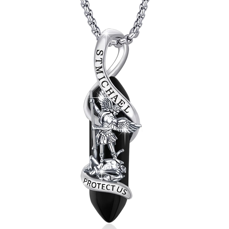 Sterling Silver St Michael Necklace Archangel Michael Pendant Healing Crystal Point Saint Michael Necklace-YAFEINI Personalized Jewelry