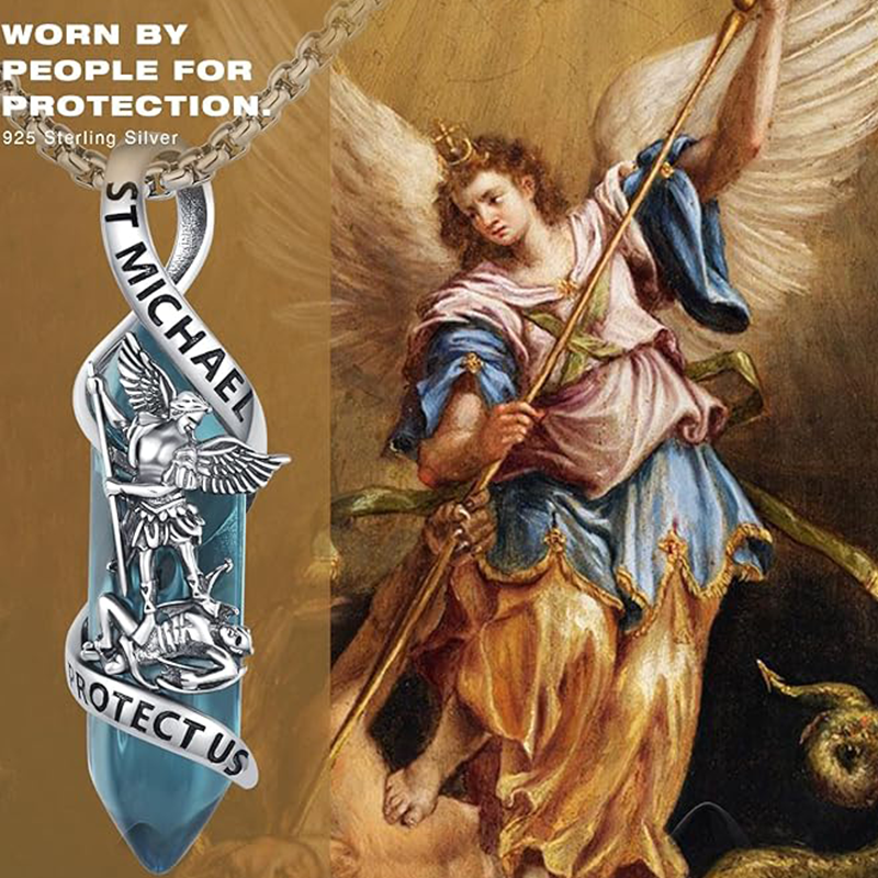 Sterling Silver St Michael Necklace Archangel Michael Pendant Healing Crystal Point Saint Michael Necklace-YAFEINI Personalized Jewelry
