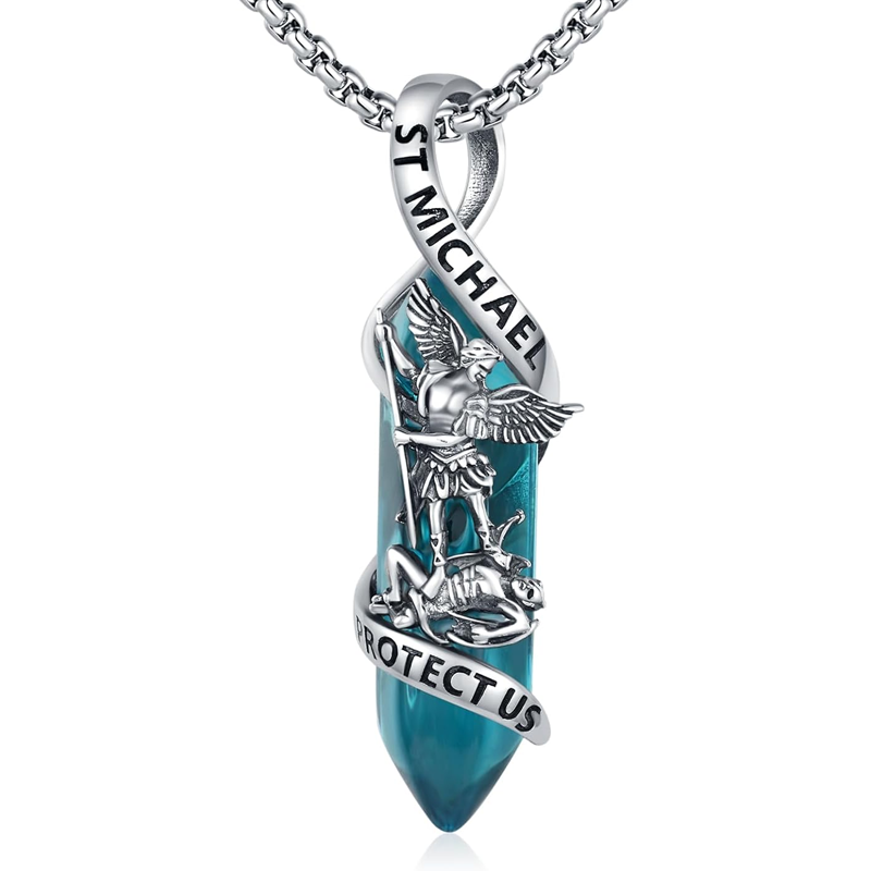 Sterling Silver St Michael Necklace Archangel Michael Pendant Healing Crystal Point Saint Michael Necklace-YAFEINI Personalized Jewelry
