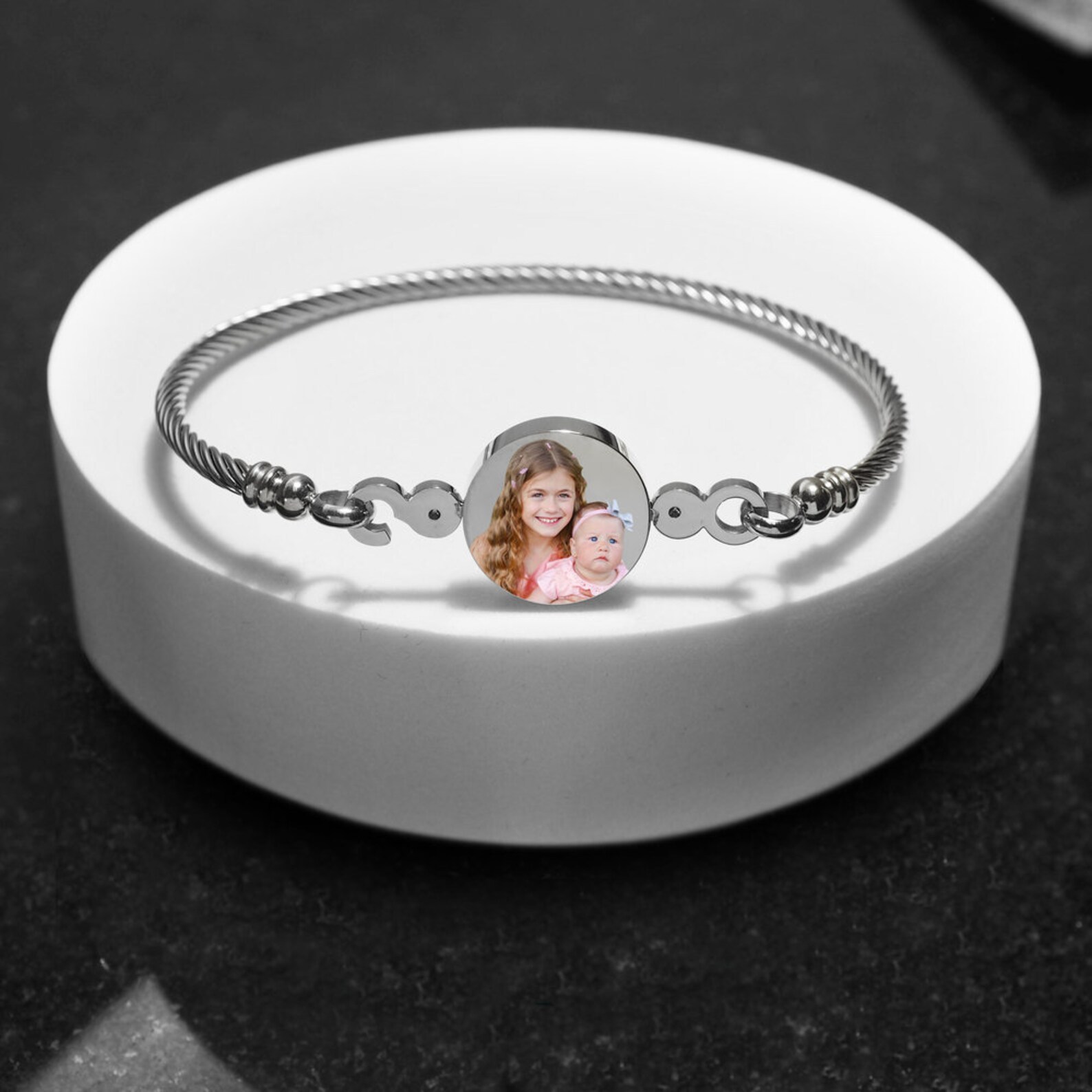 Photo Engraved Bangle Bracelet in Sterling Silver