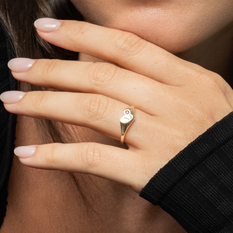 Initial Heart Signet Ring with Birthstone in Sterling Silver