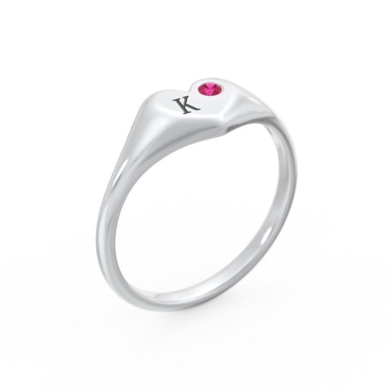 Initial Heart Signet Ring with Birthstone in Sterling Silver