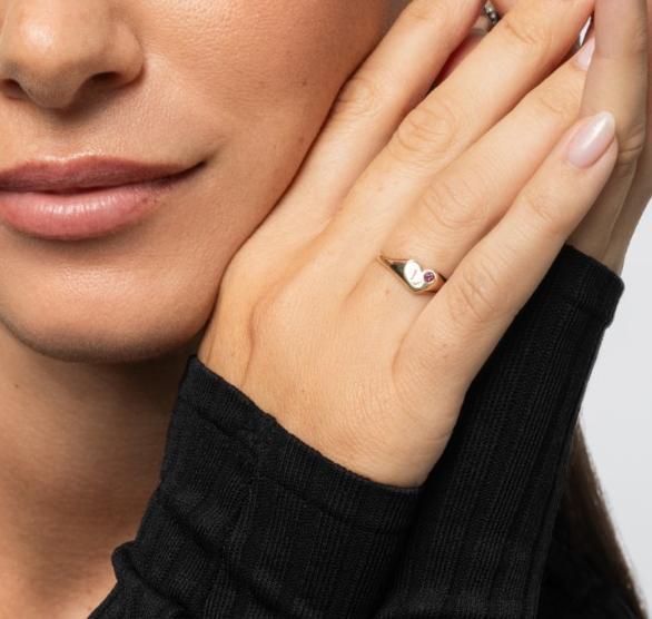 Initial Heart Signet Ring with Birthstone in Sterling Silver