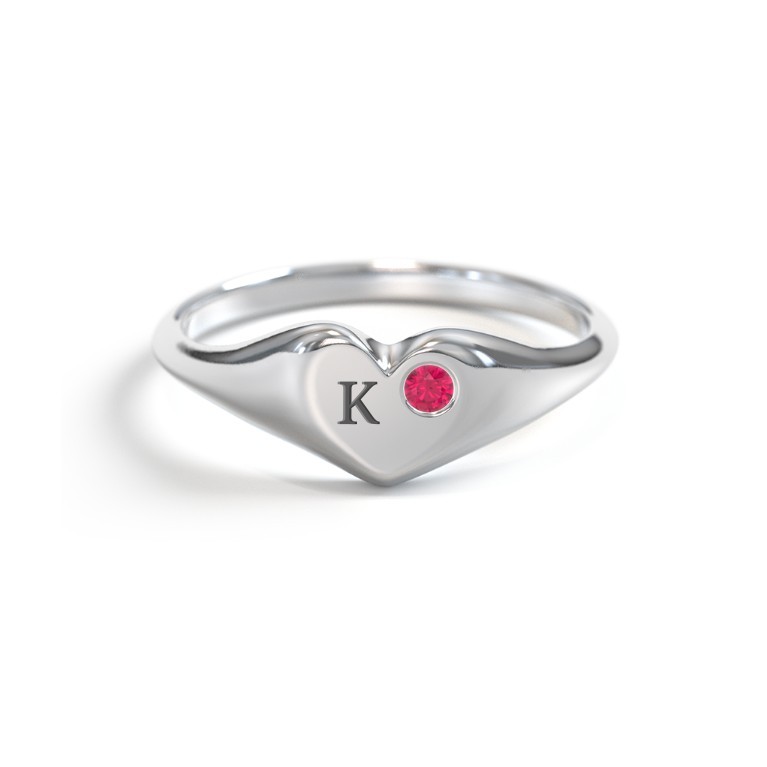 Initial Heart Signet Ring with Birthstone in Sterling Silver