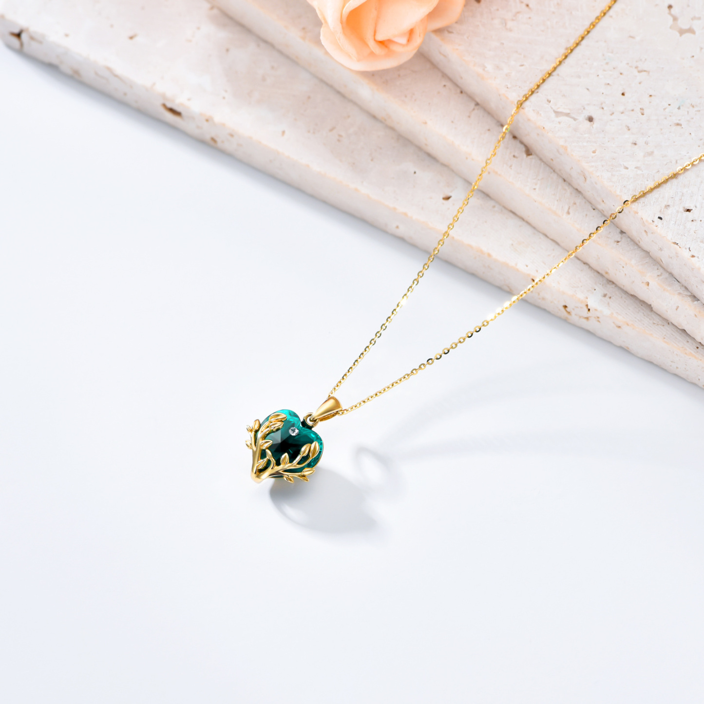 Heart Shaped Crystal Tree Of Life Birthstone Necklace in 14K Solid Gold-YAFEINI Personalized Jewelry