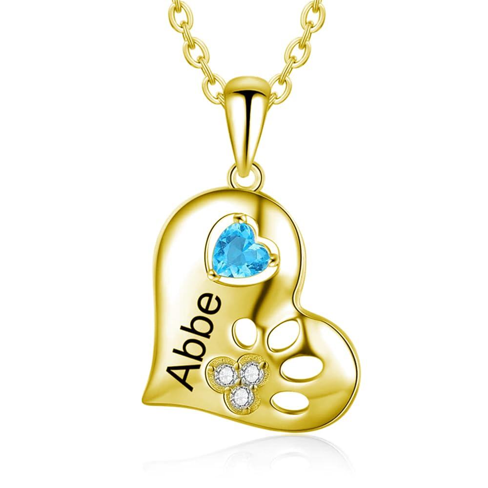 Heart Birthstone Paw Pendant Necklace in 14K Solid Gold-YAFEINI Personalized Jewelry
