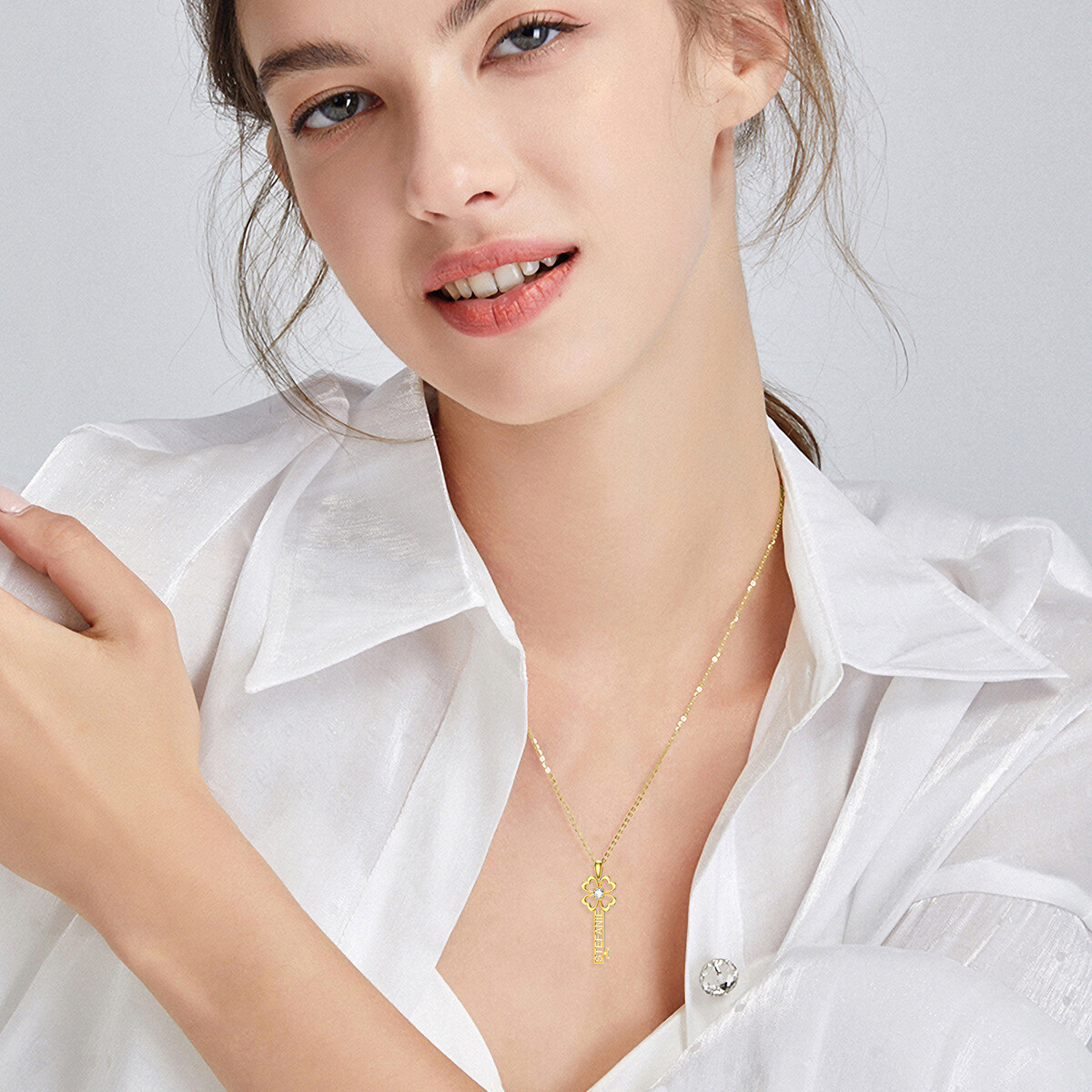 Radiant Cubic Zirconia Key Necklace in 14K Solid Gold-YAFEINI Personalized Jewelry