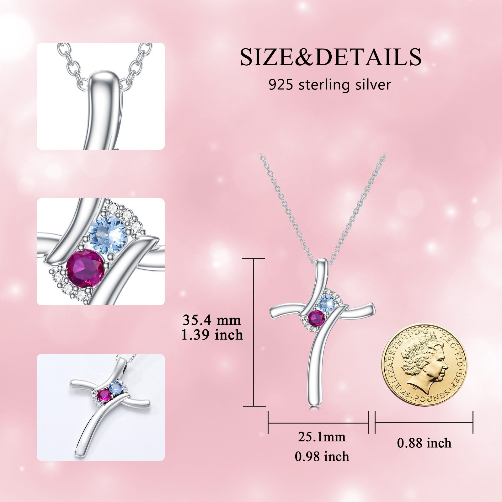 Celestial Zirconia Birthstone Cross Necklace in Sterling Silver-YAFEINI Personalized Jewelry