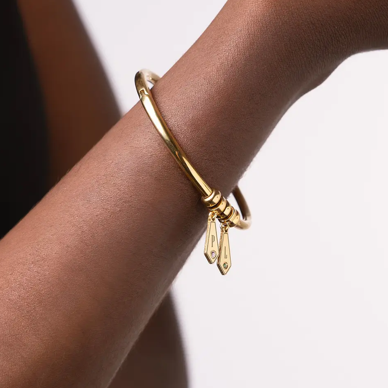 Radiant Initial Birthstone Charm Bangle in 14K Solid Gold-YAFEINI Personalized Jewelry