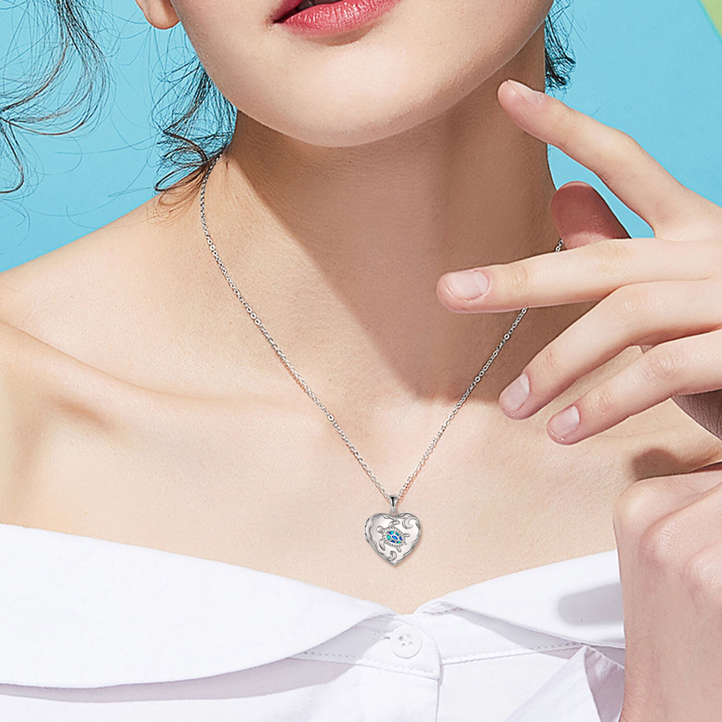 Opal Turtle Heart Personalized Photo Locket Necklace with Engraved Word in Sterling Silver-YAFEINI Personalized Jewelry