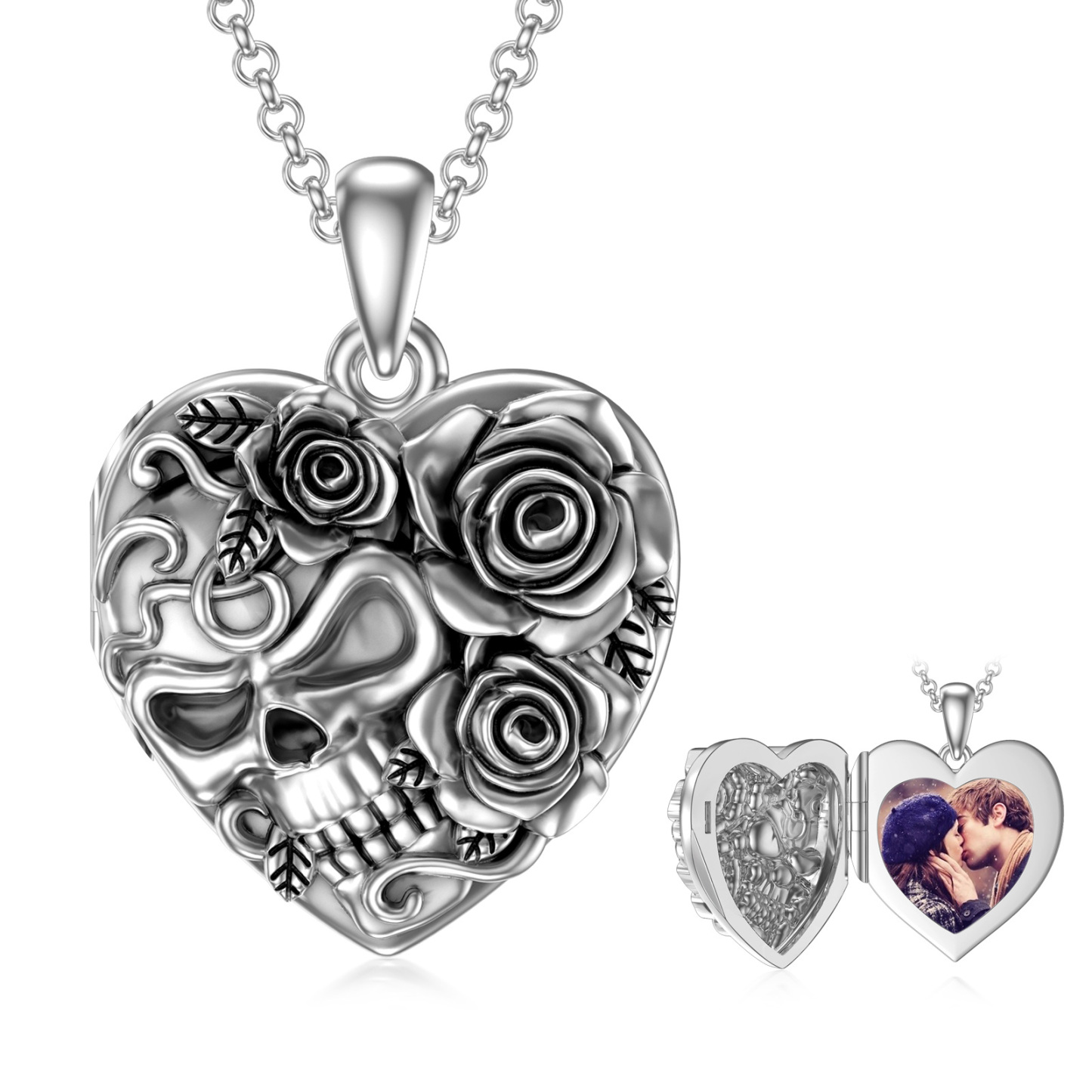 Personalized Retro Rose with Skull Custom Photo Locket Necklace in Sterling Silver-YAFEINI Personalized Jewelry