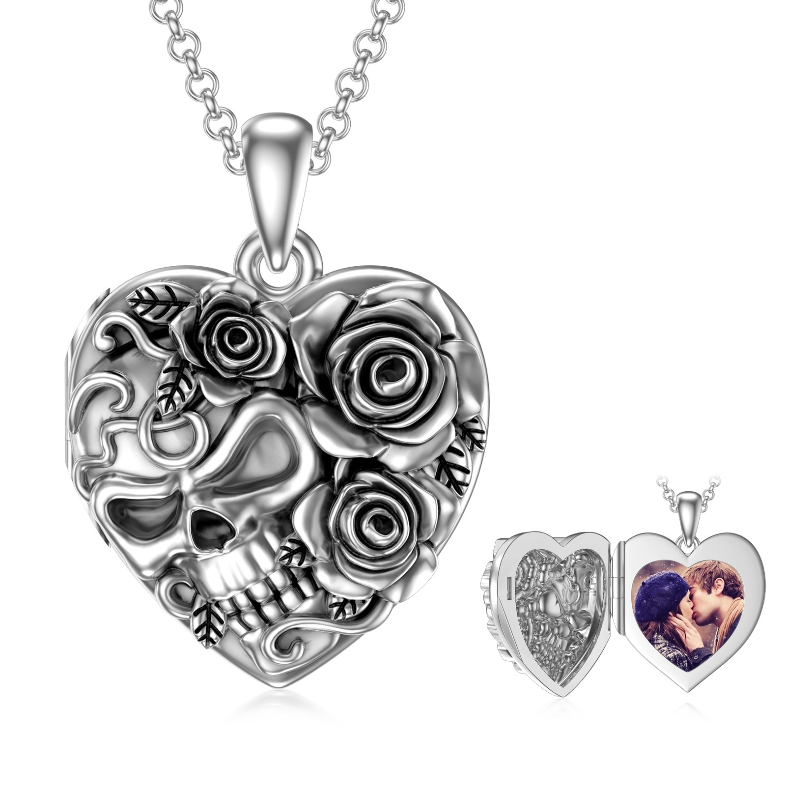 Personalized Retro Rose with Skull Custom Photo Locket Necklace in Sterling Silver-YAFEINI Personalized Jewelry