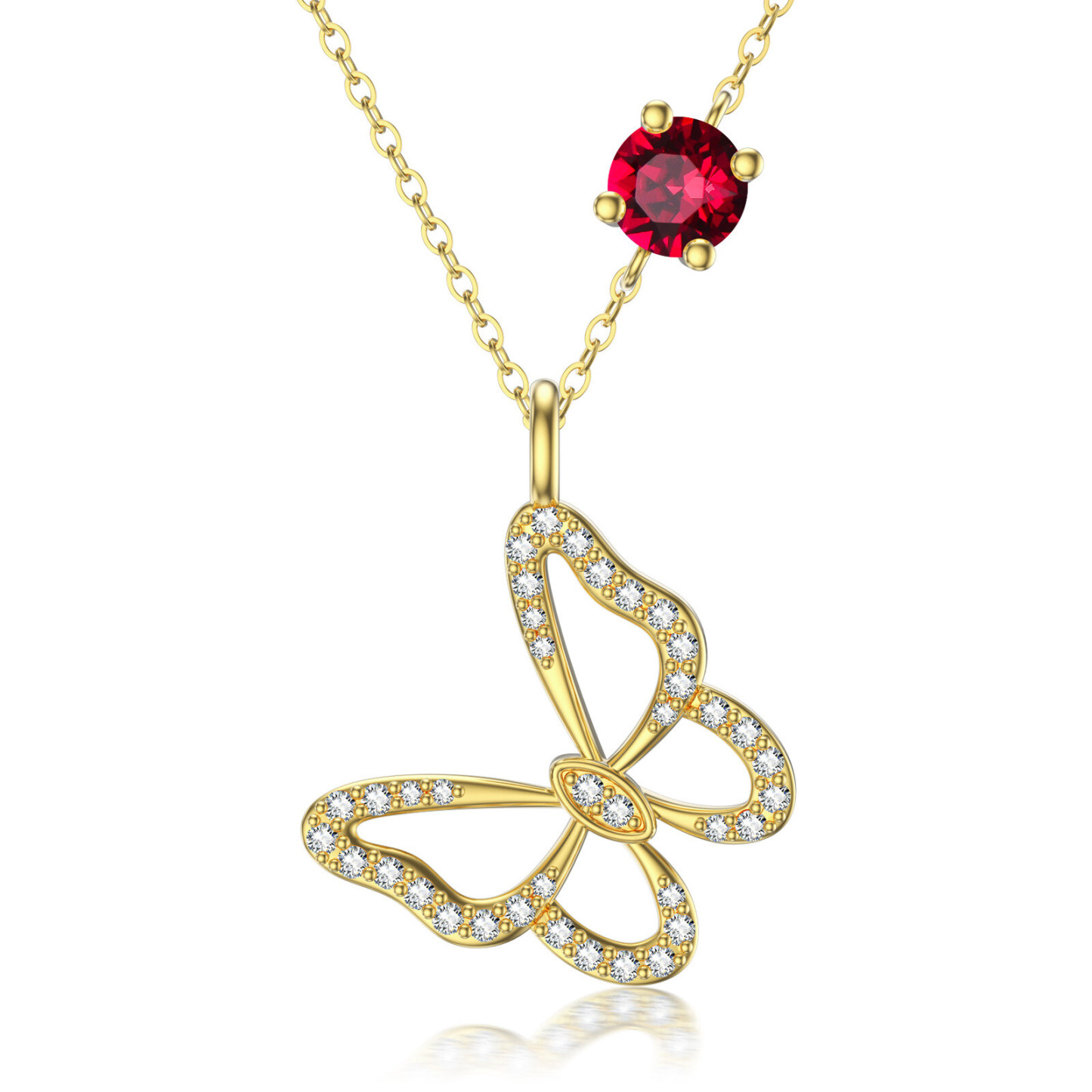 Circular Cubic Zirconia Butterfly Birthstone Necklace in 14K Solid Gold-YAFEINI Personalized Jewelry