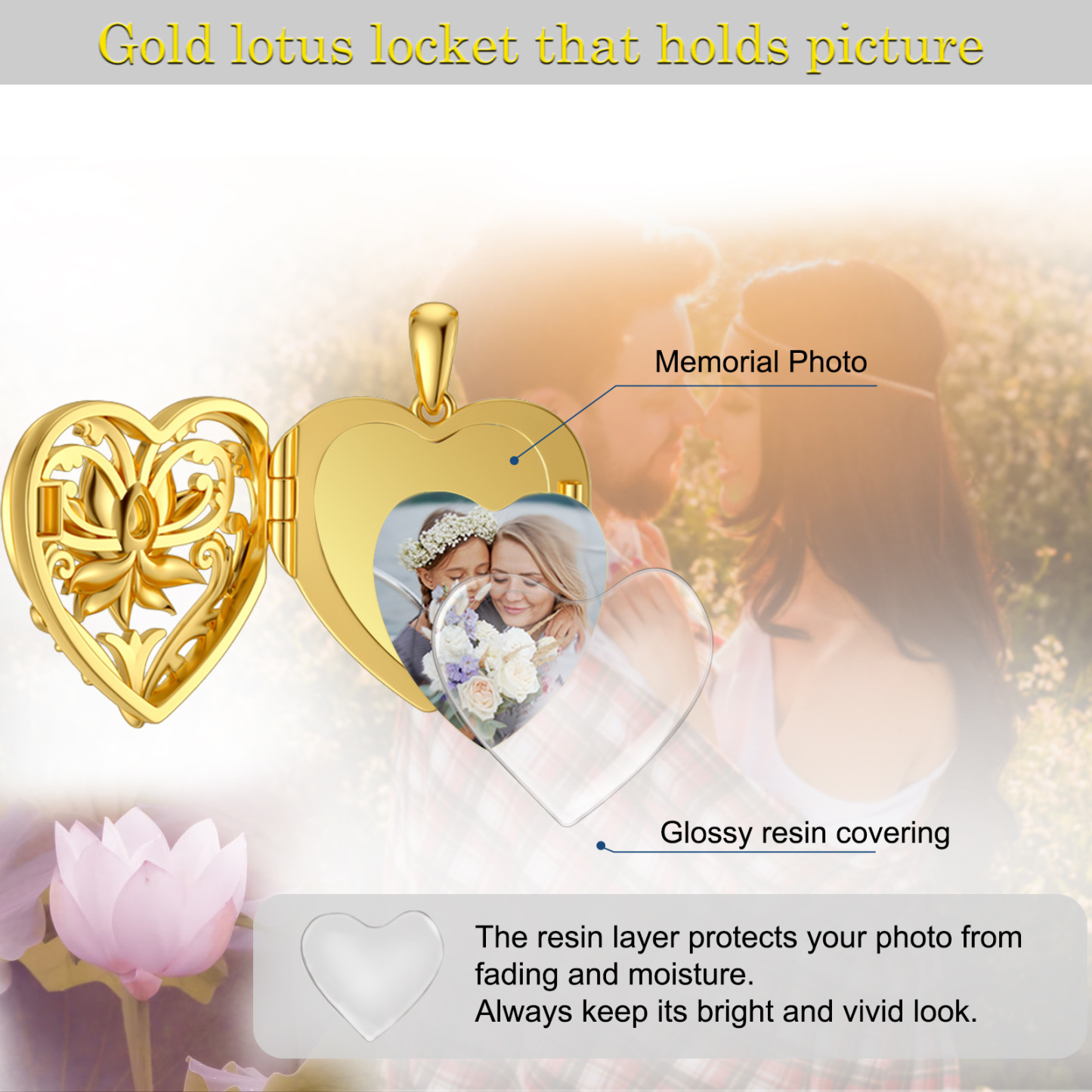 Personalized Crystal Engraving Lotus Heart Custom Photo Locket Necklace in 14K Solid Gold-YAFEINI Personalized Jewelry