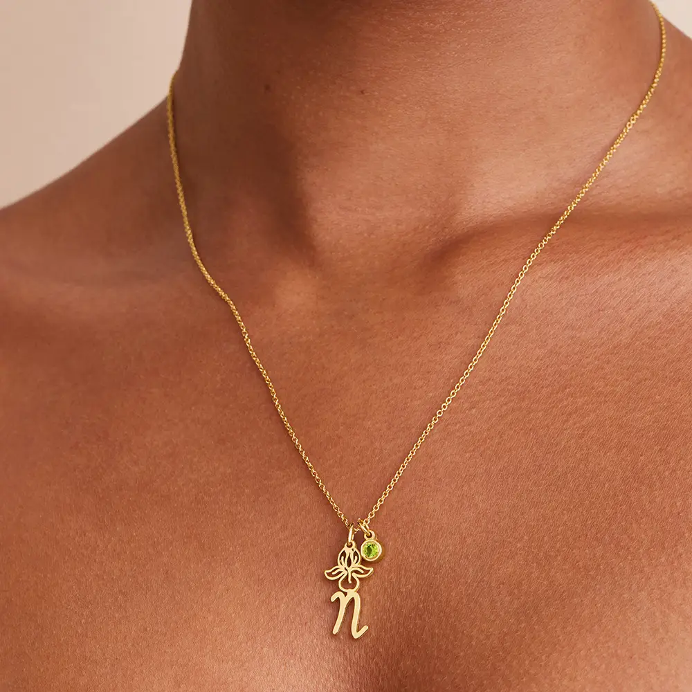 Blooming Flower Initial Birthstone Necklace In 14K Gold