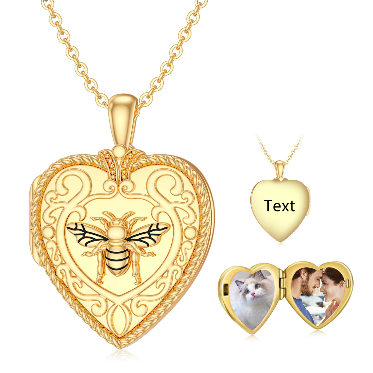 Heart Bee Personalized Photo Locket Necklace for Women in 14K Solid Gold-YAFEINI Personalized Jewelry