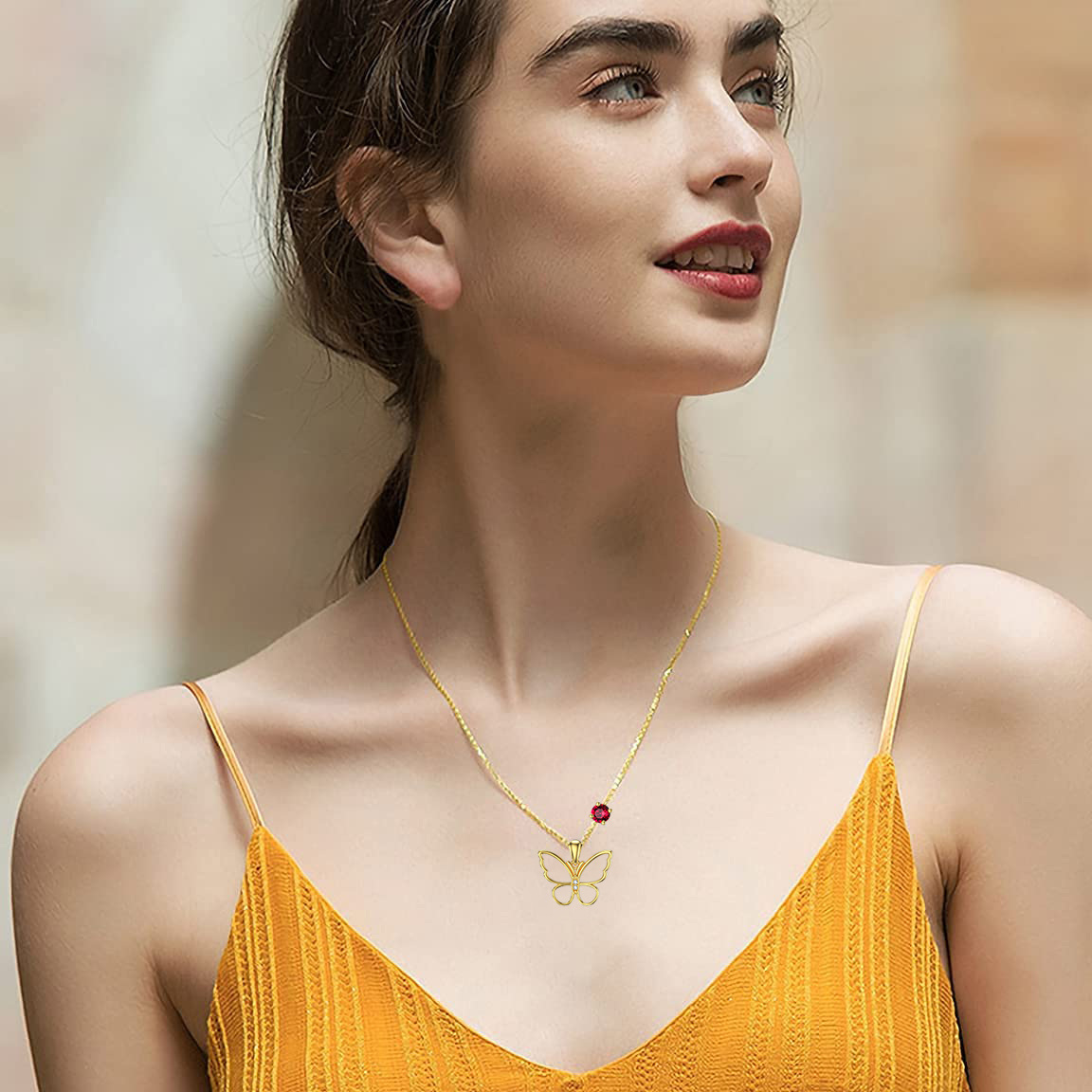 Heart Shaped Cubic Zirconia Birthstone Butterfly Necklace in 14K Solid Gold-YAFEINI Personalized Jewelry