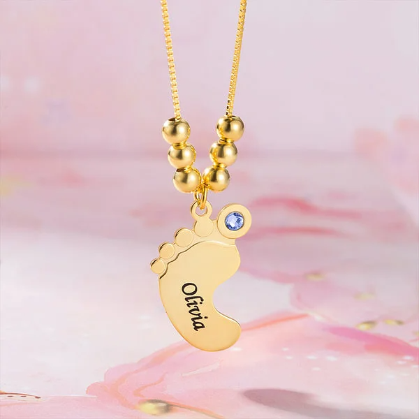 Personalized Baby Feet with Birthstone Name Necklace In Gold Vermeil