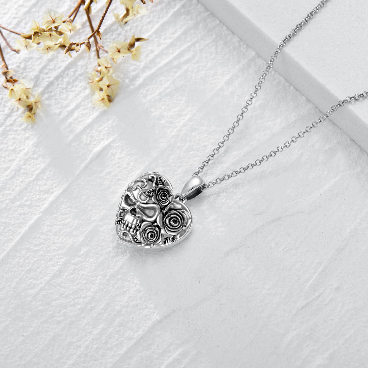 Personalized Retro Rose with Skull Custom Photo Locket Necklace in Sterling Silver-YAFEINI Personalized Jewelry
