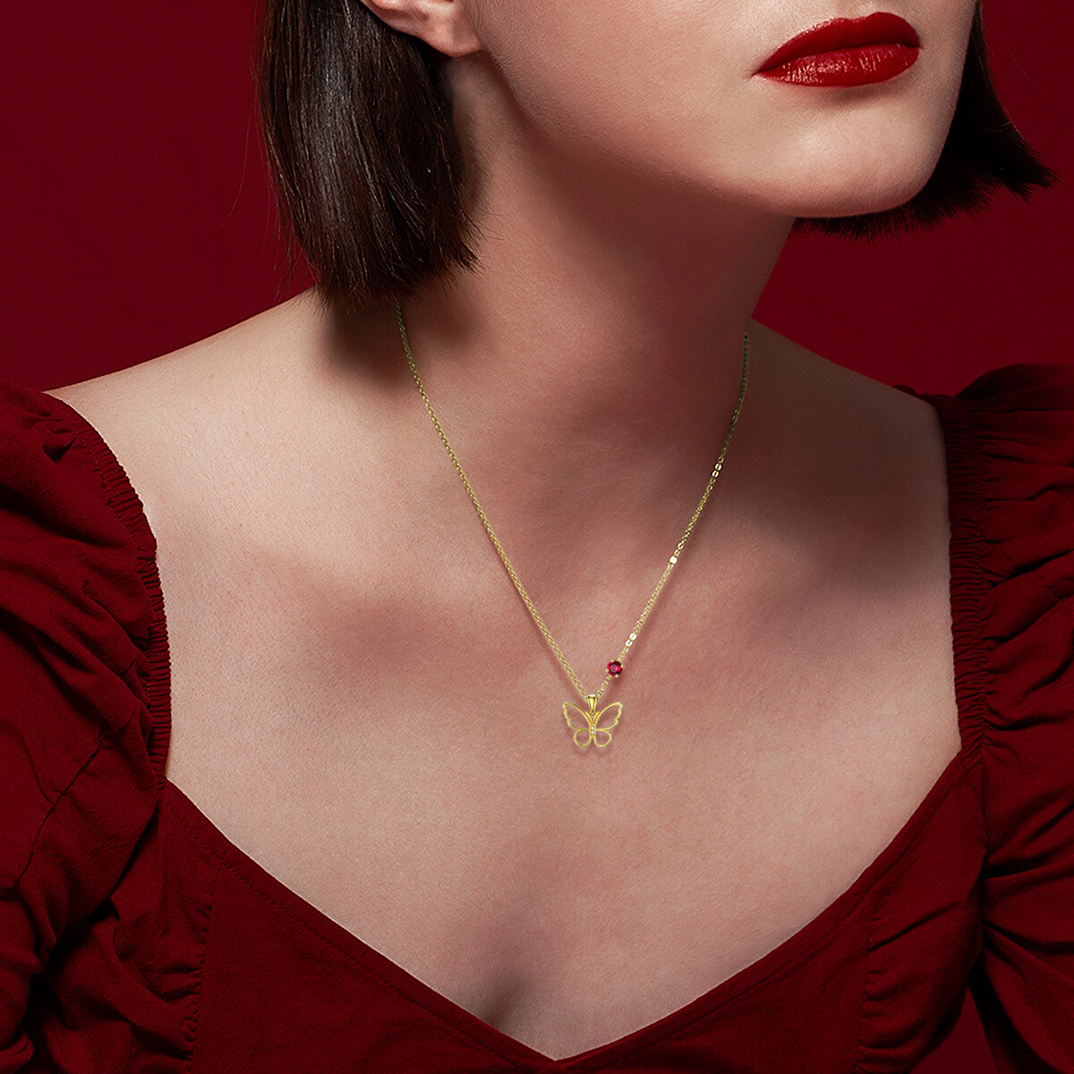 Heart Shaped Cubic Zirconia Birthstone Butterfly Necklace in 14K Solid Gold-YAFEINI Personalized Jewelry