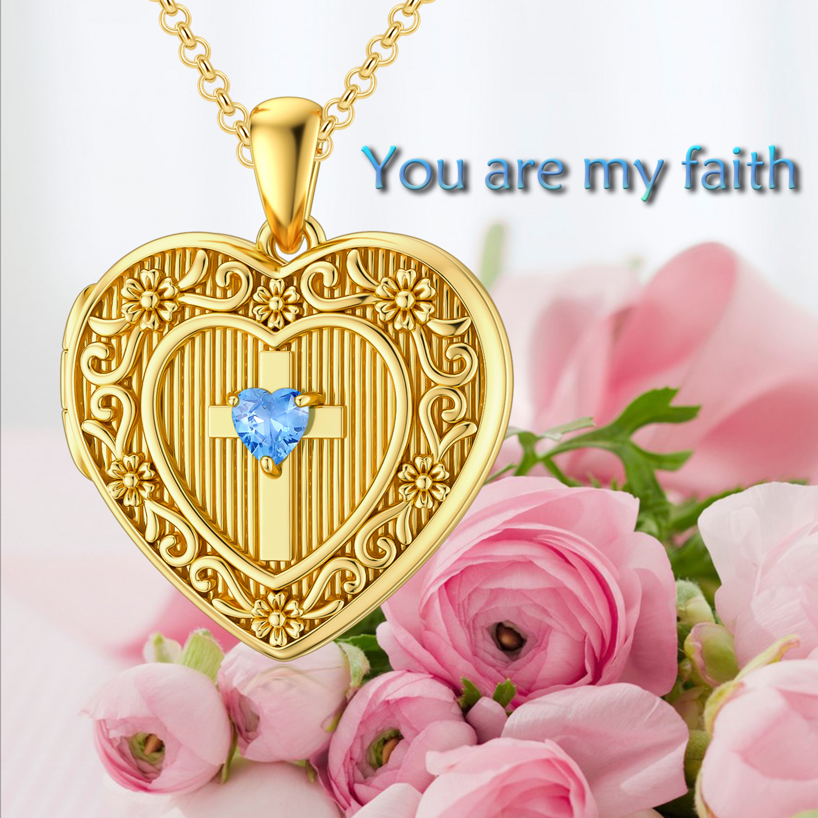 Personalized Heart Cubic Zirconia Cross with Custom Photo Pendant Necklace in Gold Vermeil-YAFEINI Personalized Jewelry