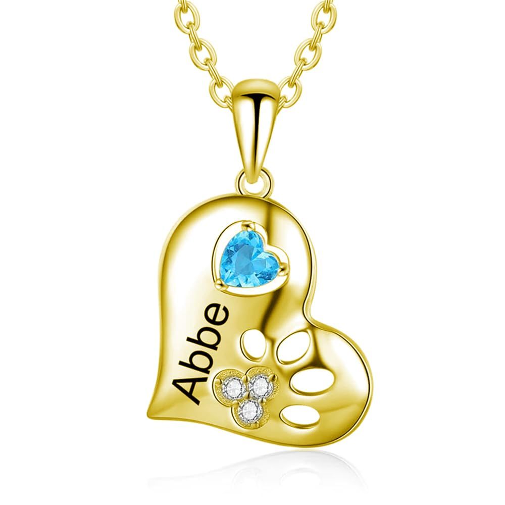 Heart Birthstone Paw Pendant Necklace in Gold Vermeil-YAFEINI Personalized Jewelry