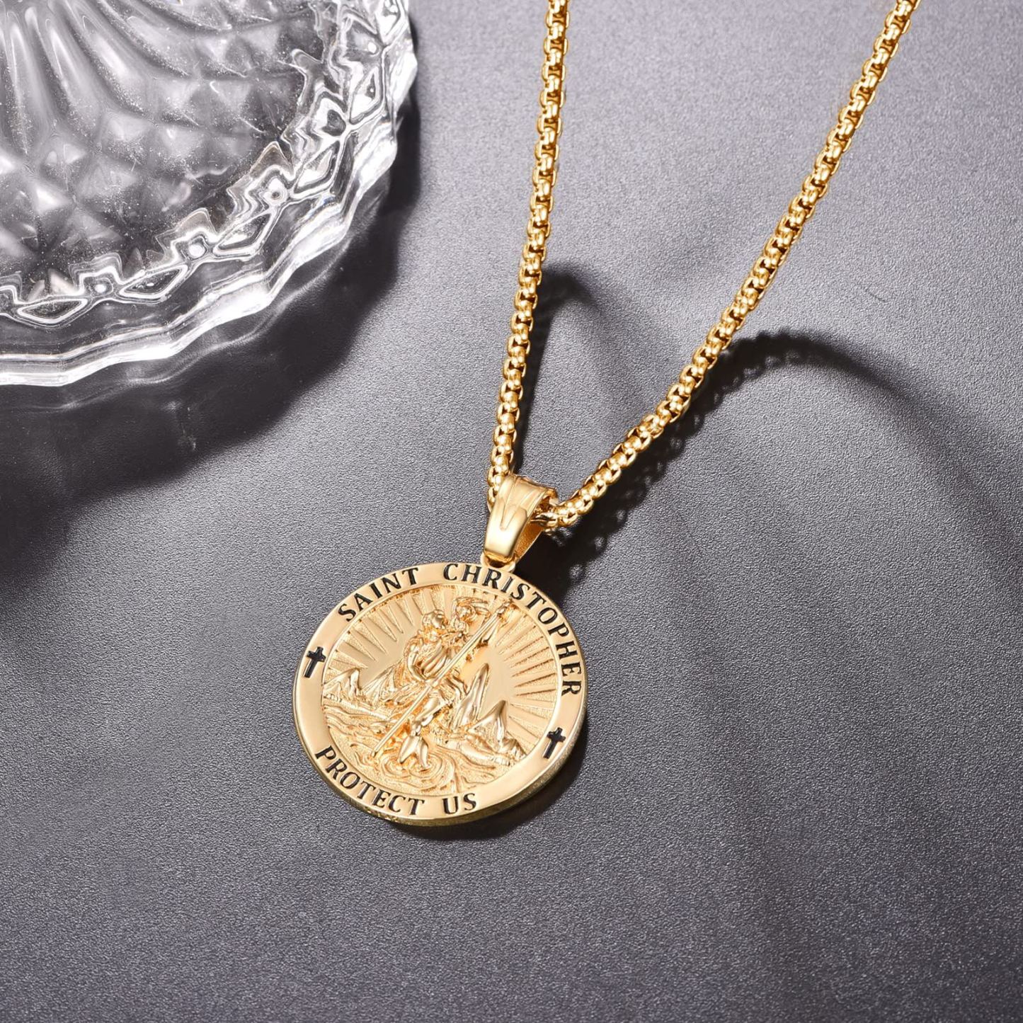 Vintage Charm Saint Christopher Necklace in 14K Solid Gold-YAFEINI Personalized Jewelry