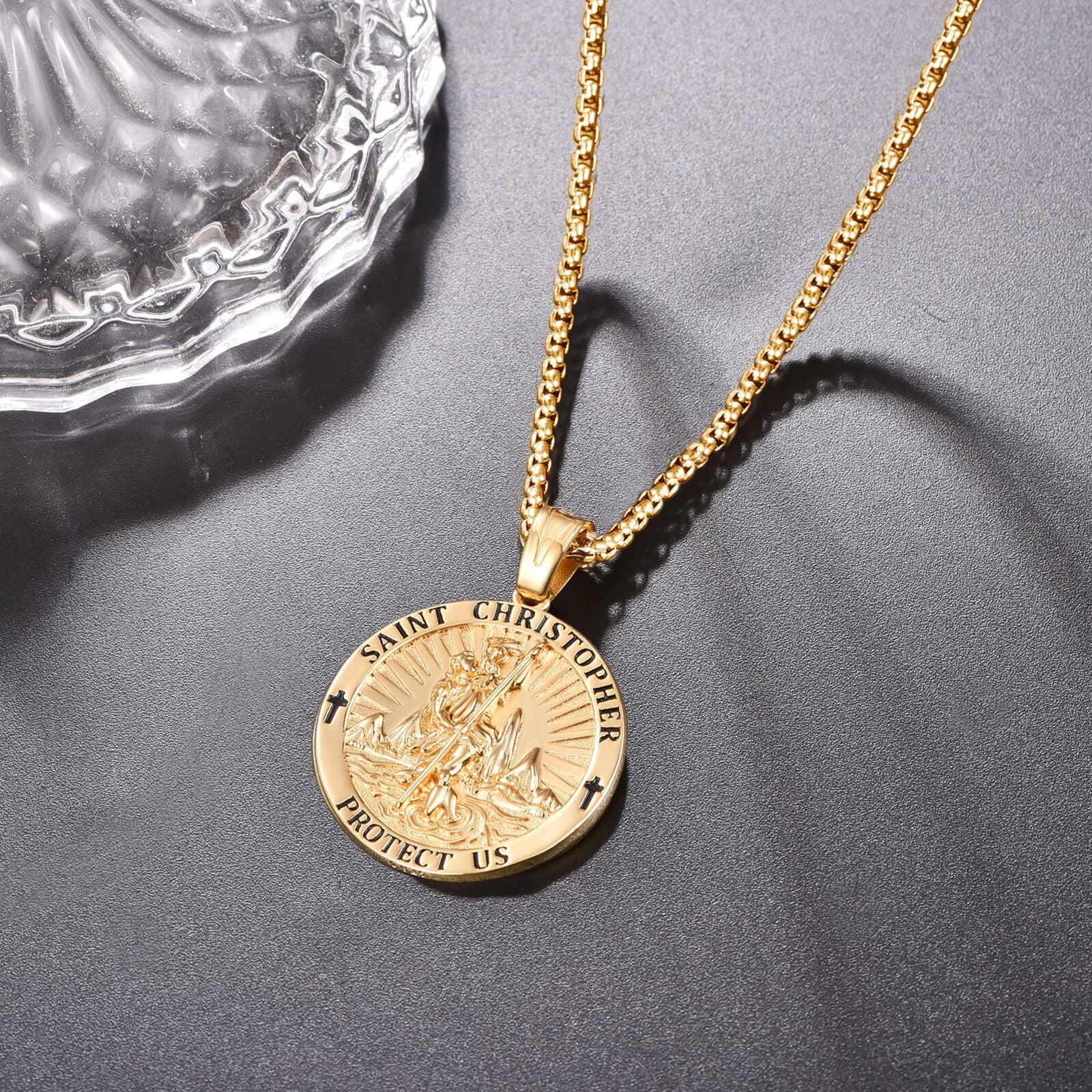 Vintage Charm Saint Christopher Necklace in 14K Solid Gold-YAFEINI Personalized Jewelry