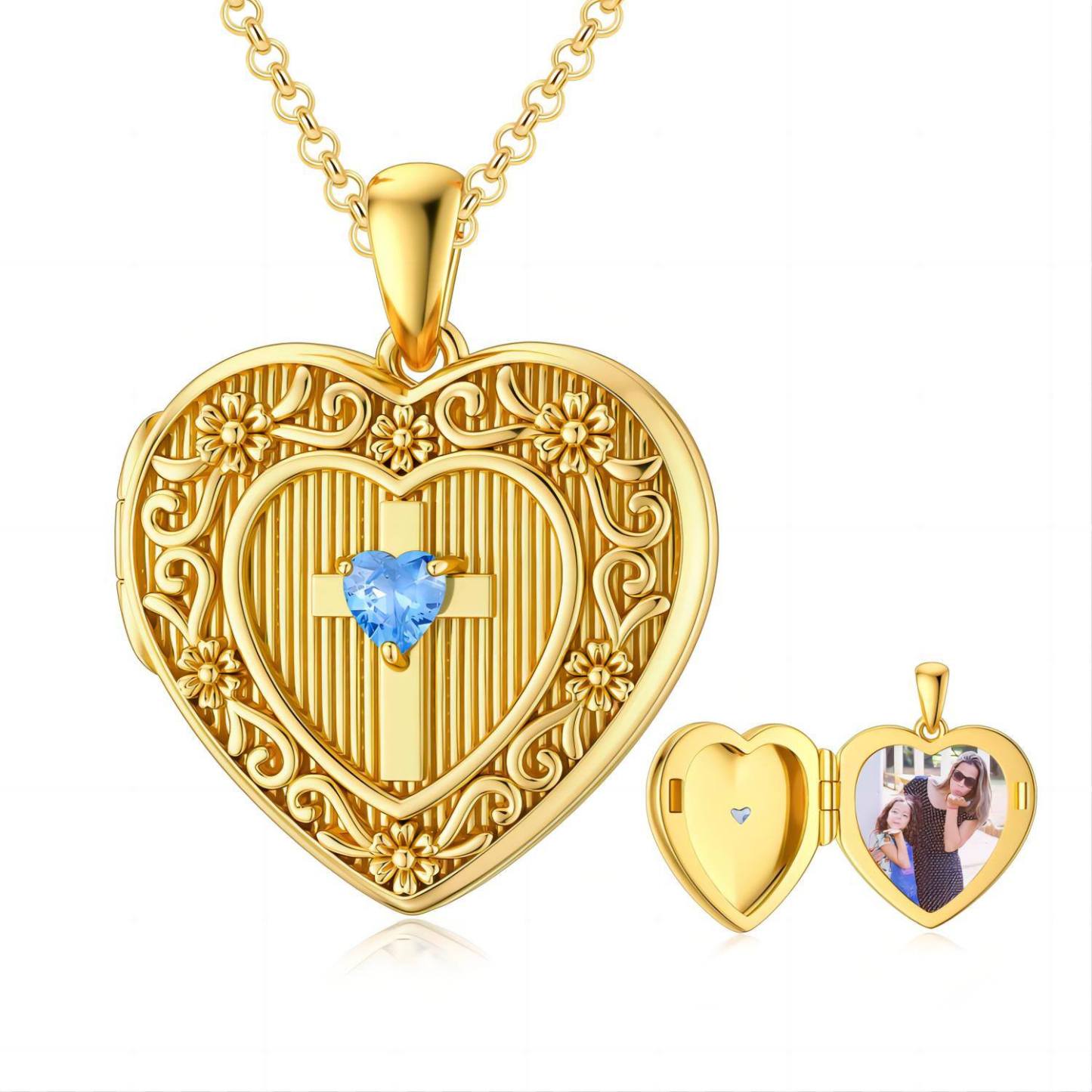 Personalized Heart Cubic Zirconia Cross with Custom Photo Pendant Necklace in Gold Vermeil-YAFEINI Personalized Jewelry