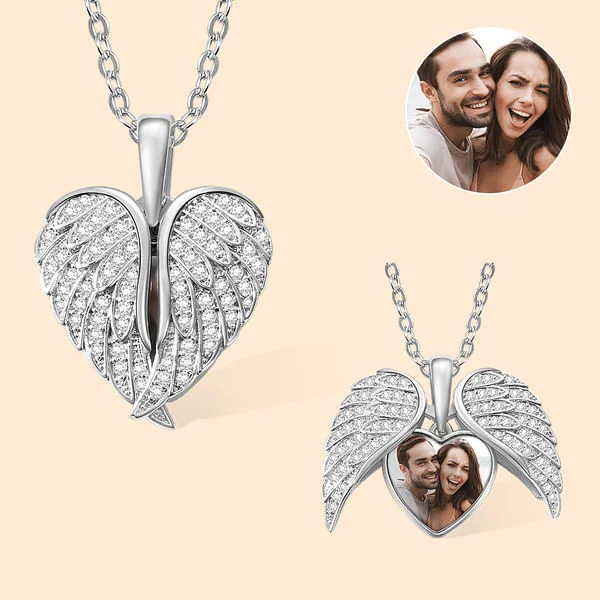 Angel Wing Personalized Photo Locket Necklace In Sterling Silver
