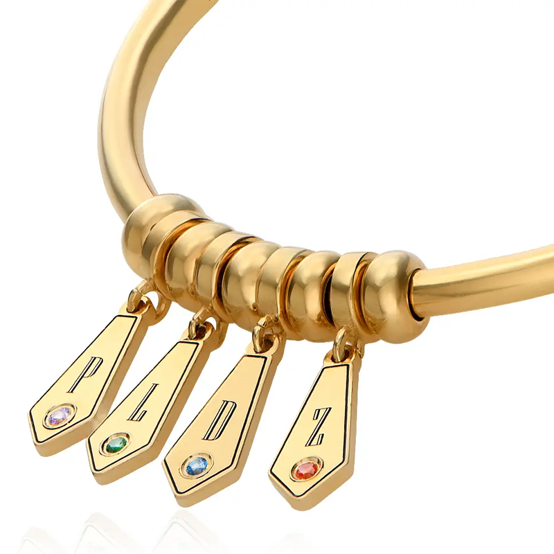 Radiant Initial Birthstone Charm Bangle in 14K Solid Gold-YAFEINI Personalized Jewelry