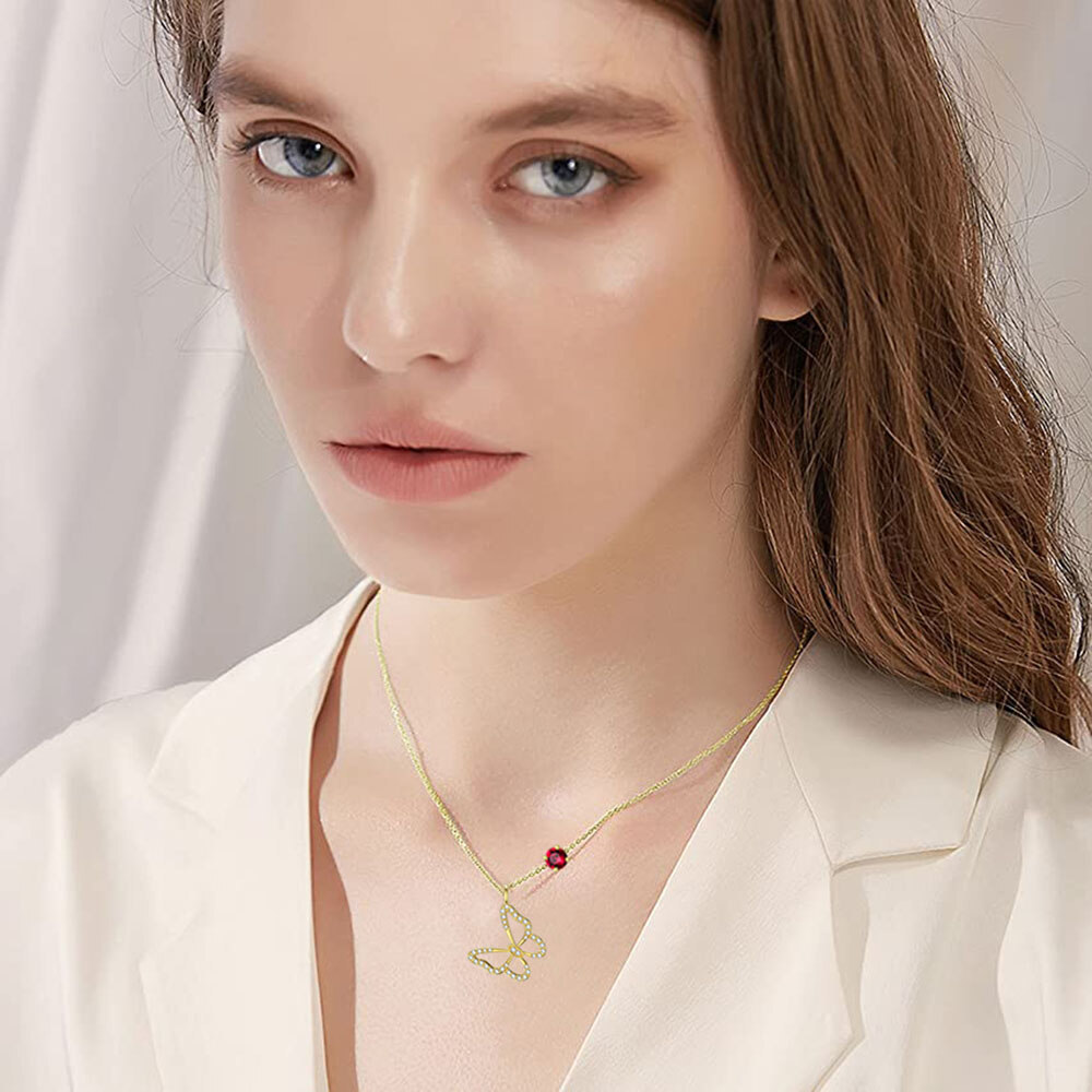 Circular Cubic Zirconia Butterfly Birthstone Necklace in 14K Solid Gold-YAFEINI Personalized Jewelry