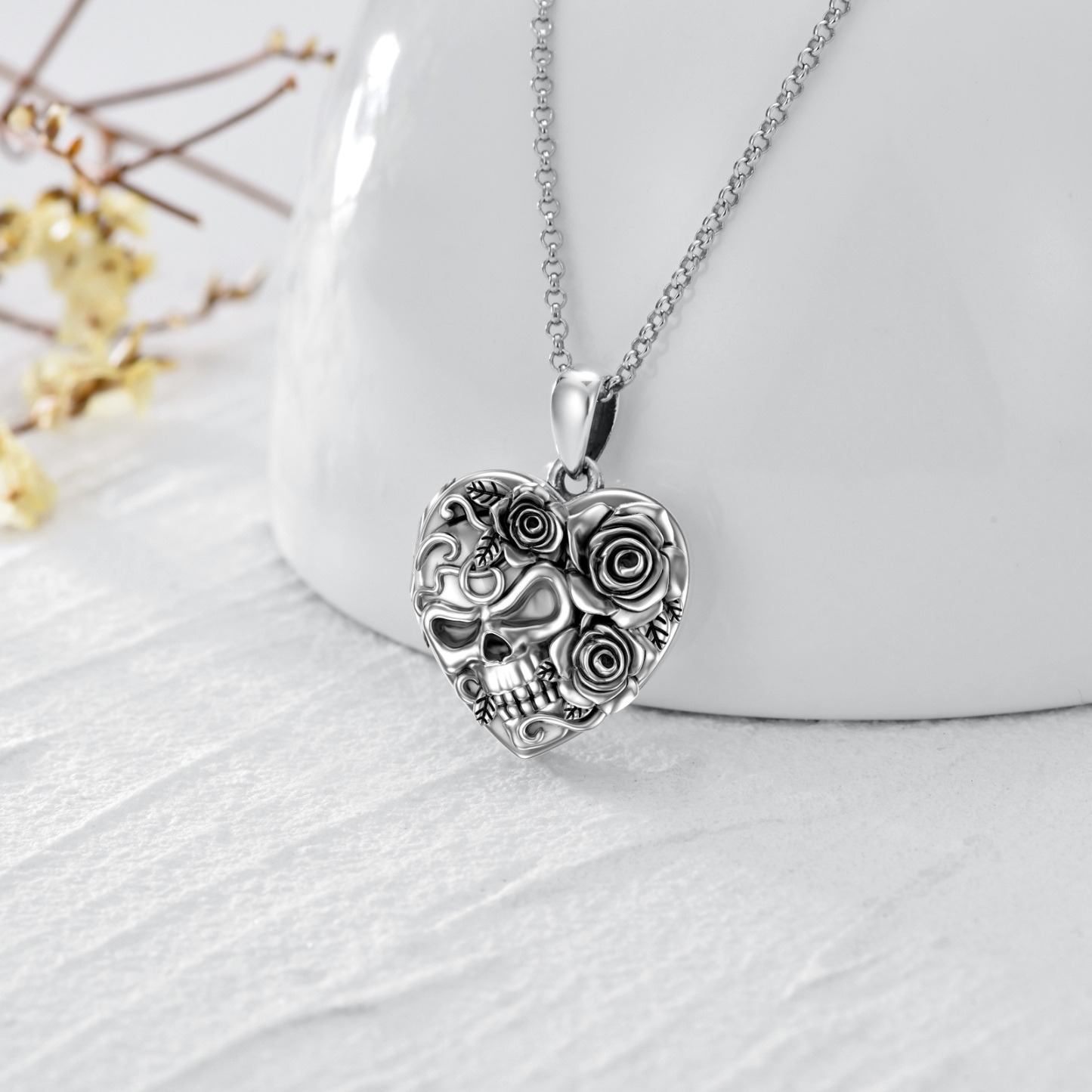 Personalized Retro Rose with Skull Custom Photo Locket Necklace in Sterling Silver-YAFEINI Personalized Jewelry