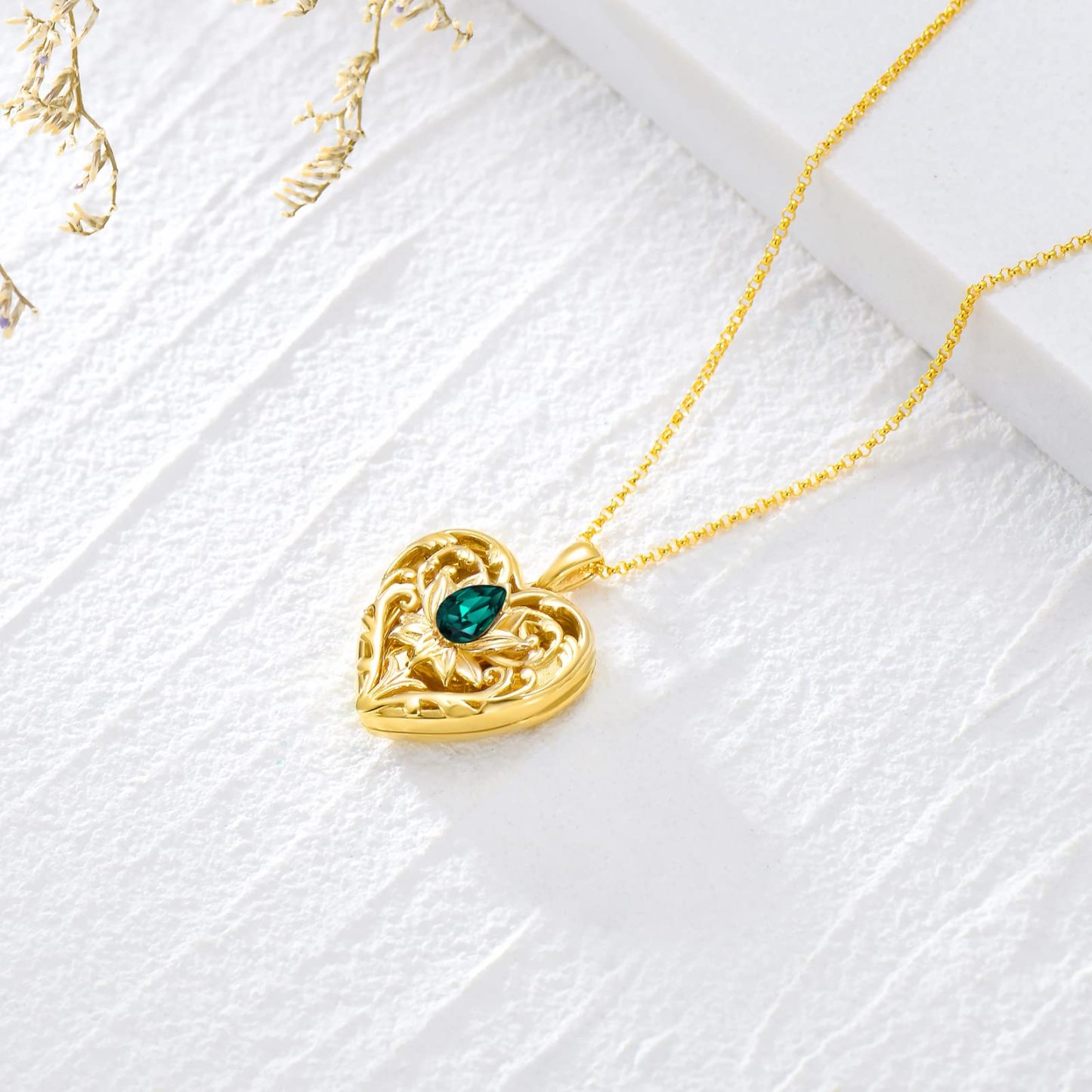 Crystal Lotus Heart Necklace for Women in 14K Solid Gold-YAFEINI Personalized Jewelry