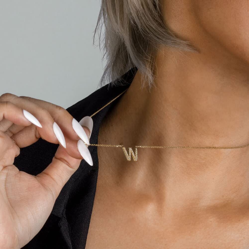 Brilliant Letter Initial Necklace with Sparkling Charm in 14K Solid Gold-YAFEINI Personalized Jewelry