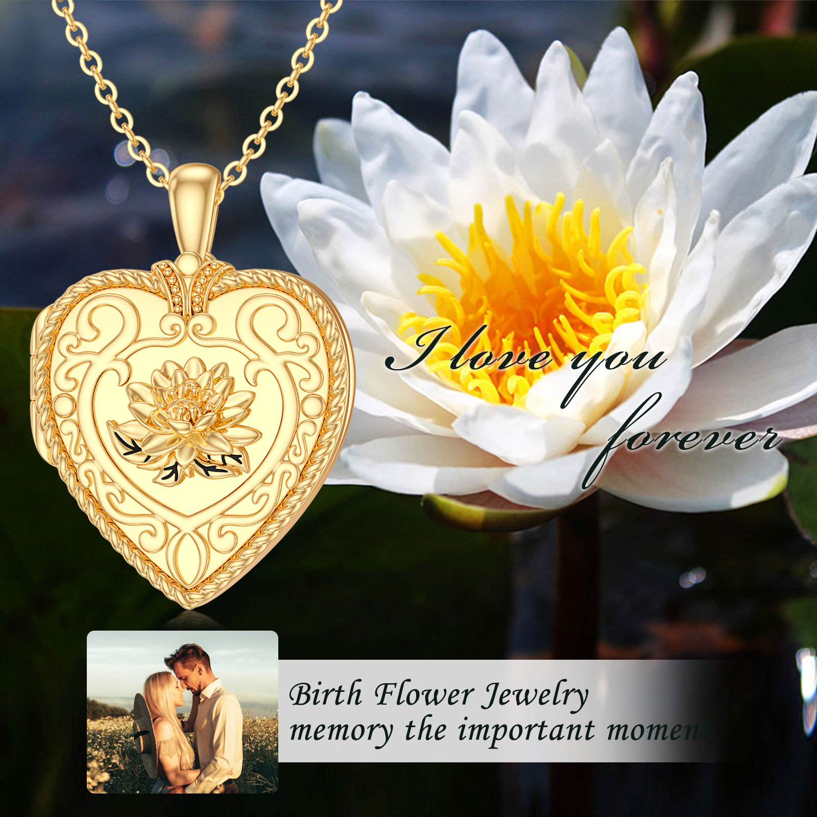 Personalized Lotus Heart Custom Photo Locket Necklace in Gold Vermeil-YAFEINI Personalized Jewelry