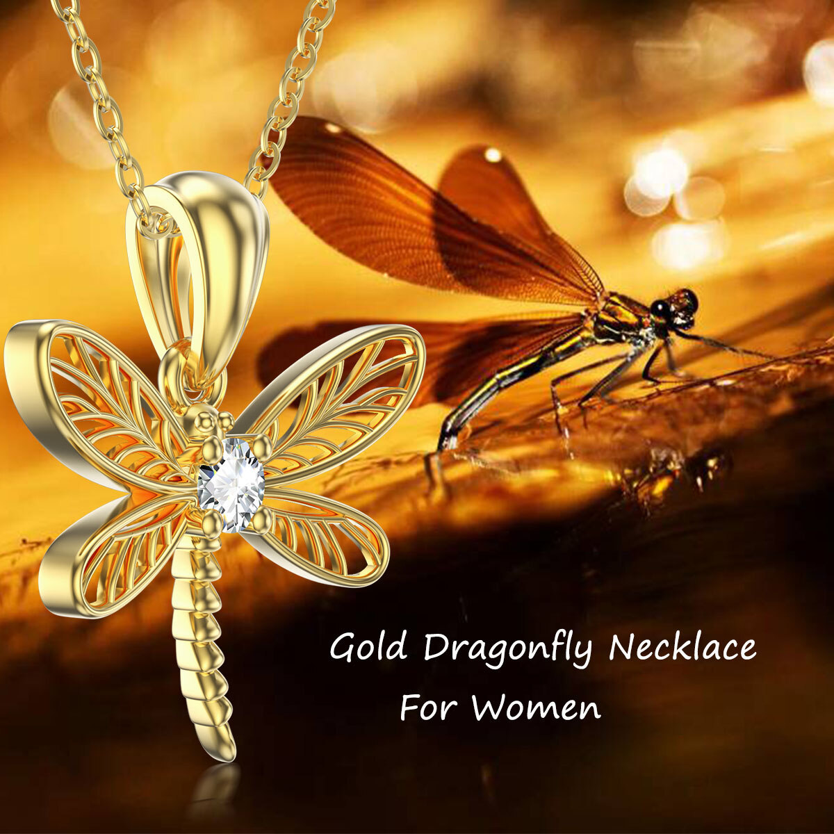 Cubic Zirconia Dragonfly Pendant Birthstone Necklace in Gold Vermeil-YAFEINI Personalized Jewelry