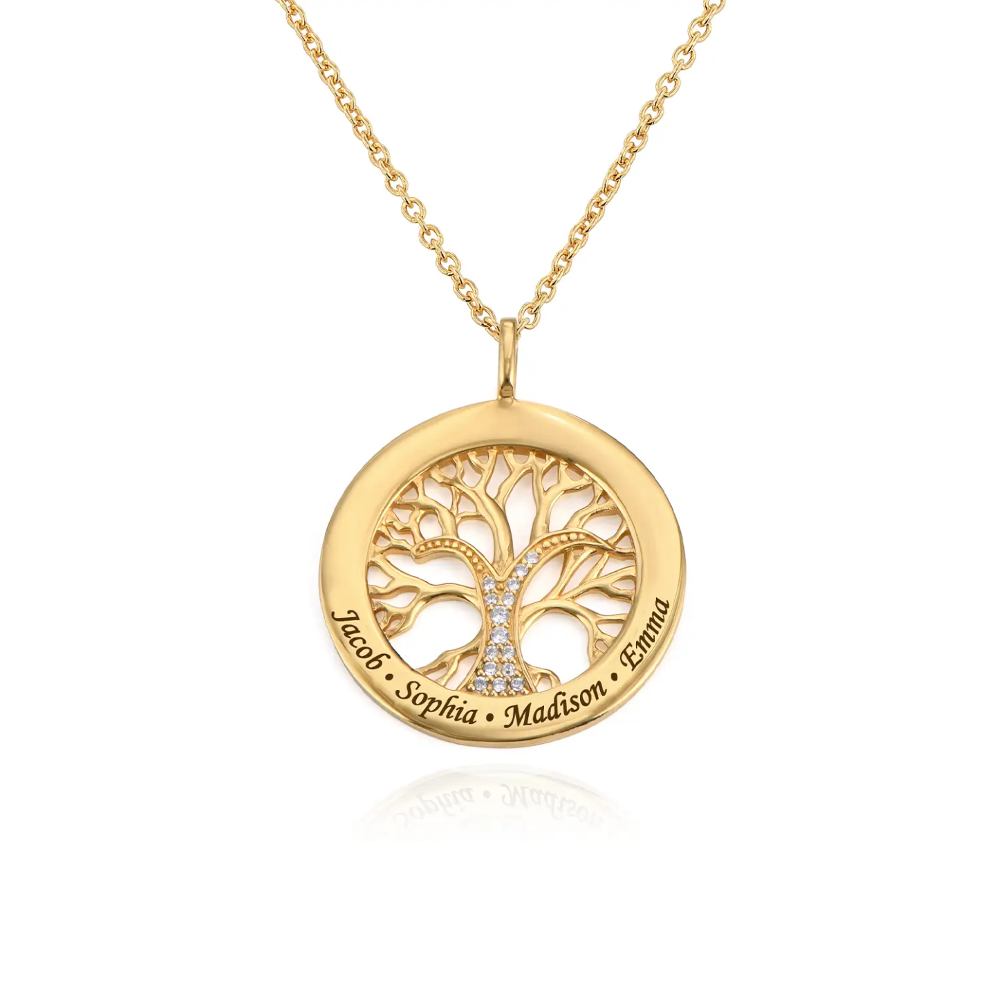 Life of tree Cubic Zirconia Circle Necklace In 14K Gold With Engraved Words