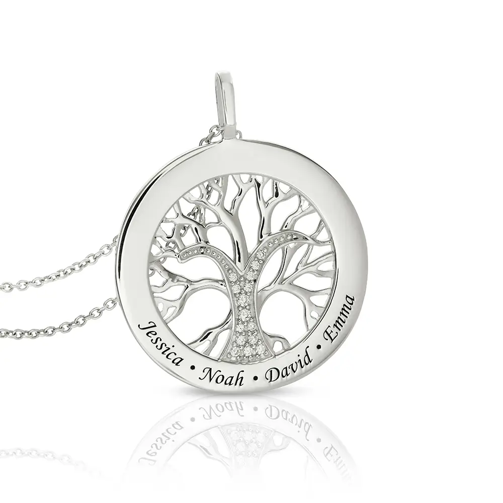 Life of tree Cubic Zirconia Circle Necklace In Sterling Silver With Engraved Words