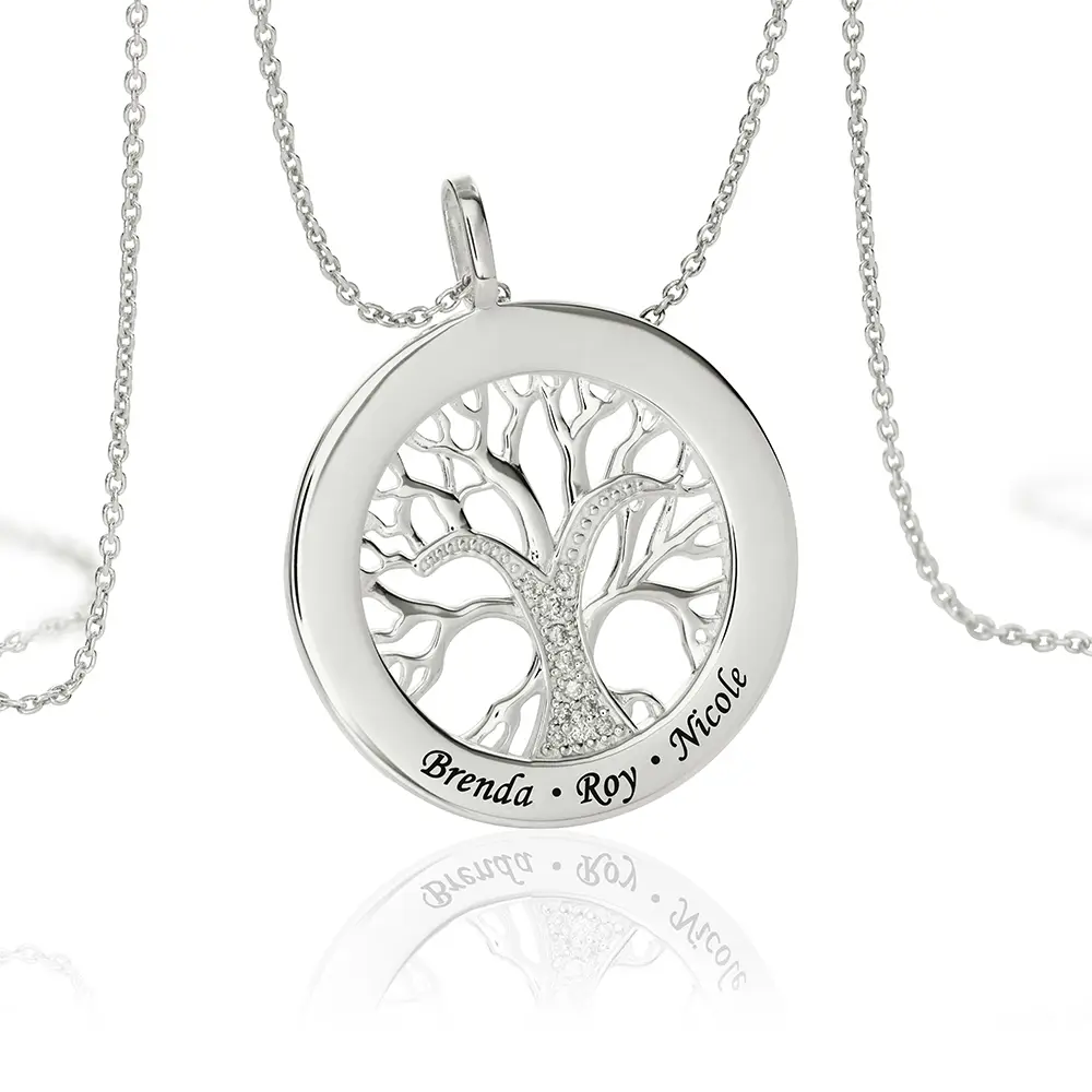 Life of tree Cubic Zirconia Circle Necklace In Sterling Silver With Engraved Words
