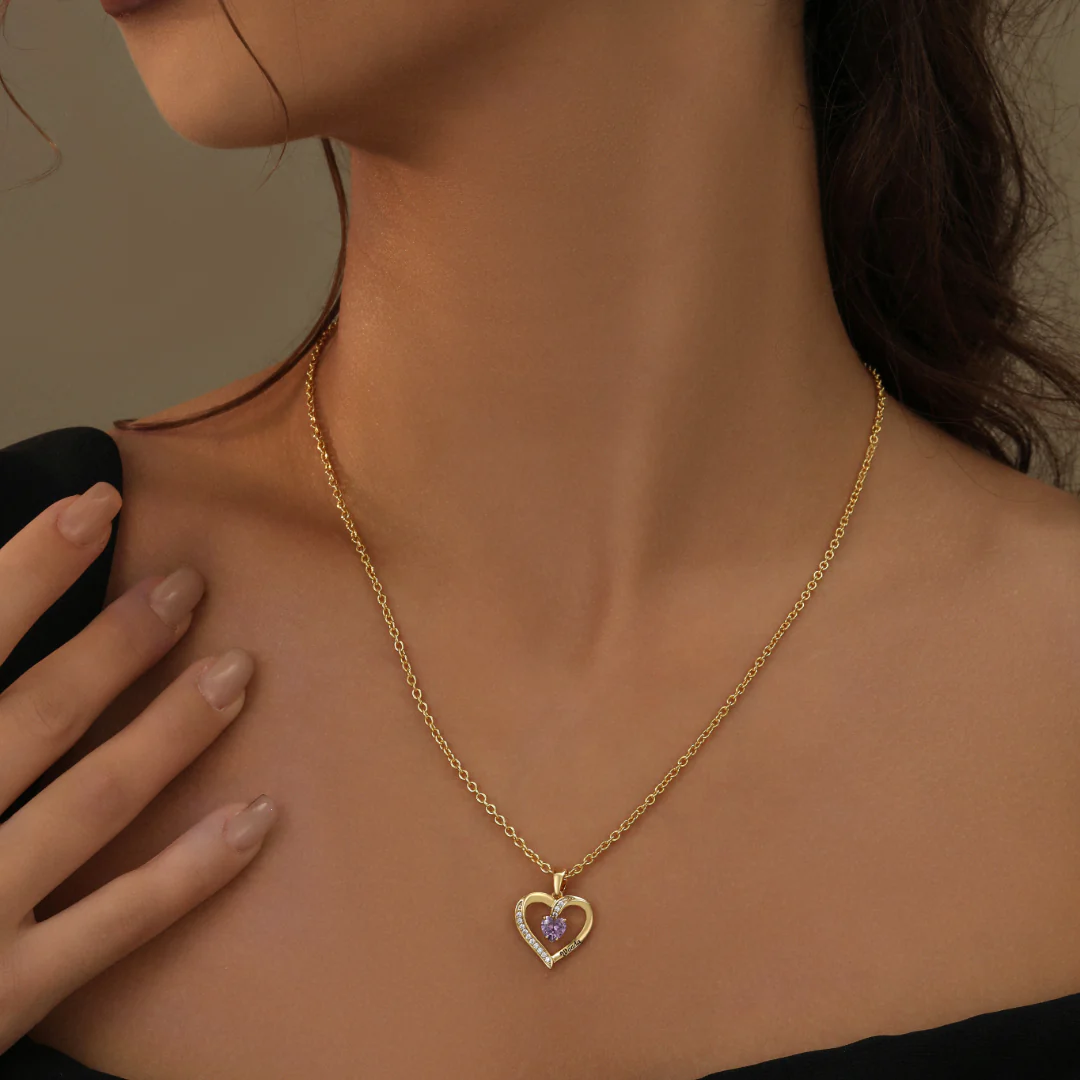 Personalized Name Birthstone Heart Shape Necklace In 14K Solid Gold
